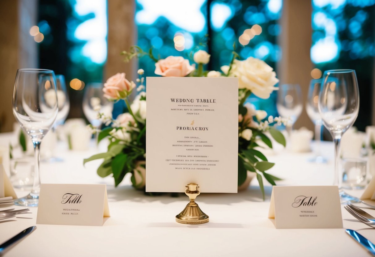 A wedding table plan with neatly arranged place cards and elegant floral centerpieces