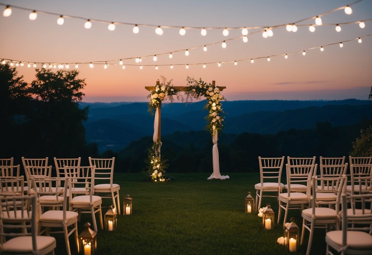 A serene outdoor setting at dusk, with twinkling string lights and a picturesque view, creating a romantic ambiance for an evening wedding ceremony