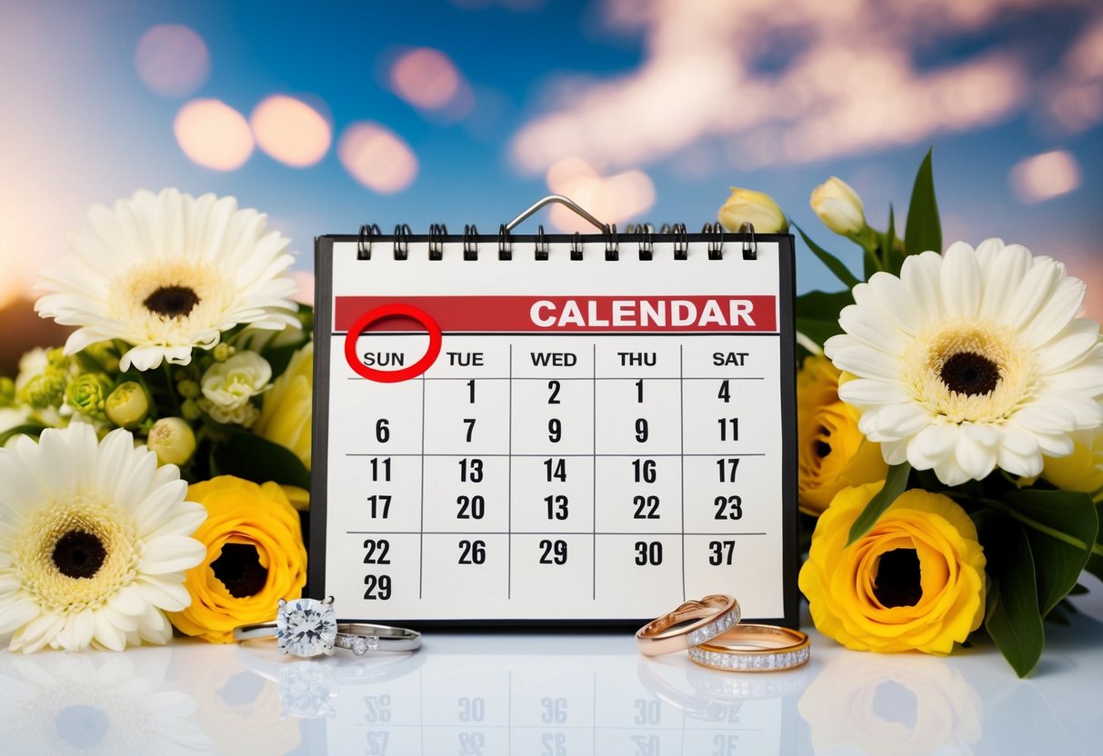 A calendar with the date circled in red, surrounded by wedding-related items like rings, flowers, and a venue