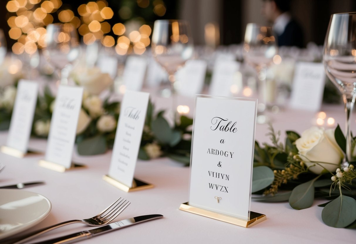 A wedding table plan with elegant place cards arranged in alphabetical order