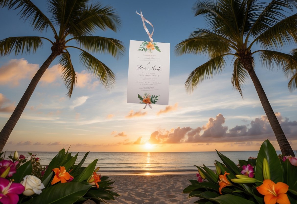 A serene beach with a picturesque sunset, a wedding invitation floating in the breeze, surrounded by tropical flowers and palm trees