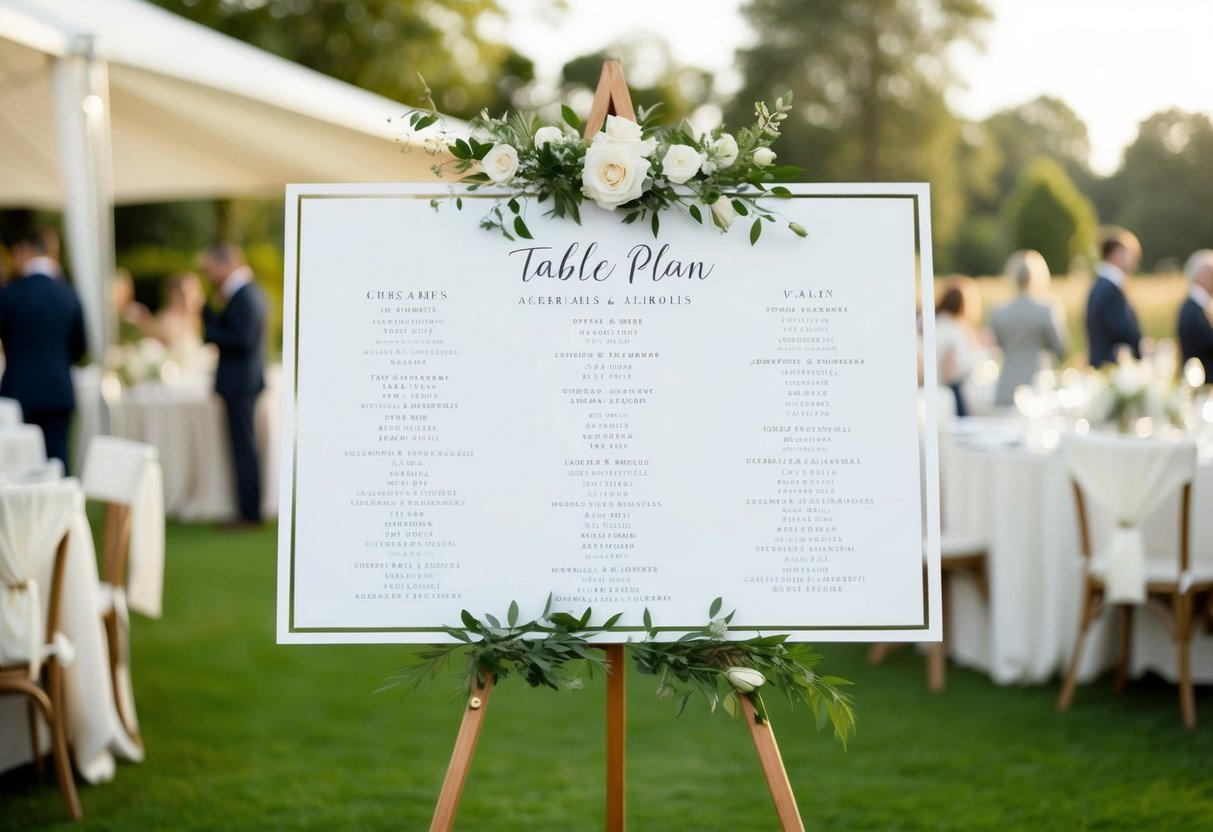 A wedding table plan with labeled seating arrangements, showcasing surnames for each guest