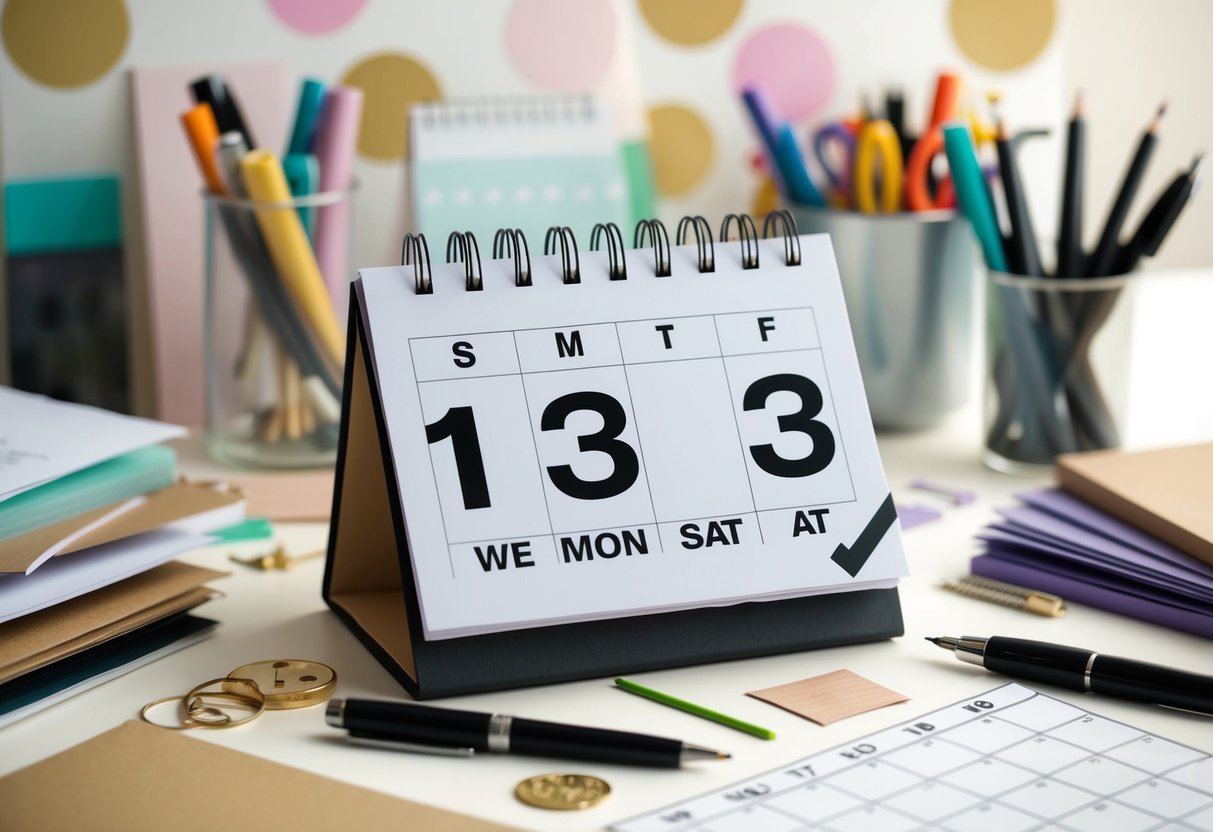 A calendar with the date 13 months in the future circled, surrounded by crafting supplies like paper, pens, and decorative elements