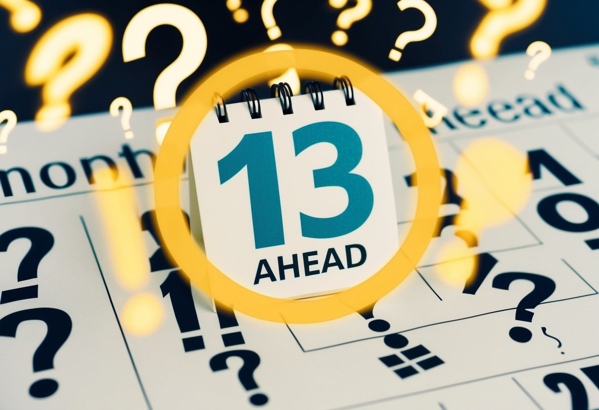 A calendar with the date 13 months ahead circled, surrounded by question marks and exclamation points