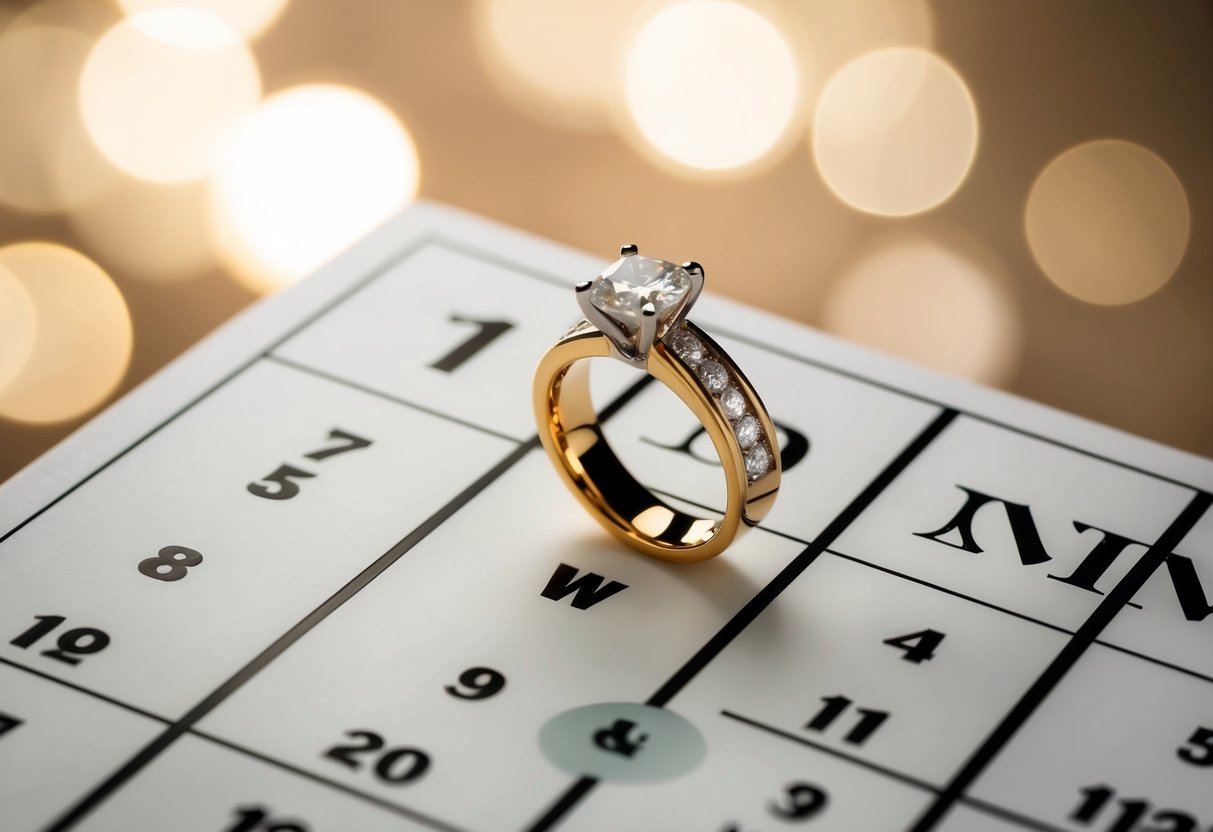 A ring on a calendar, with seven months between the proposal and wedding dates