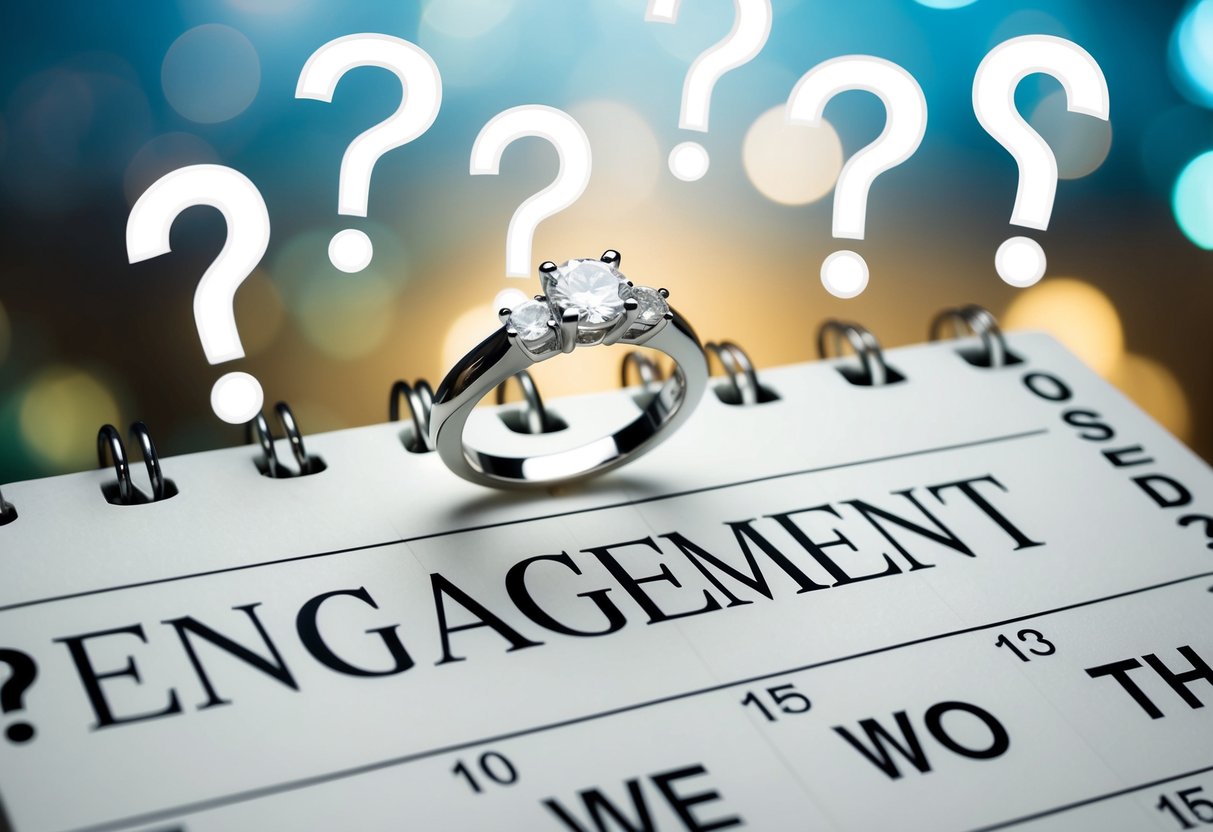 A calendar with a ring on the month of engagement, surrounded by question marks and a sense of uncertainty