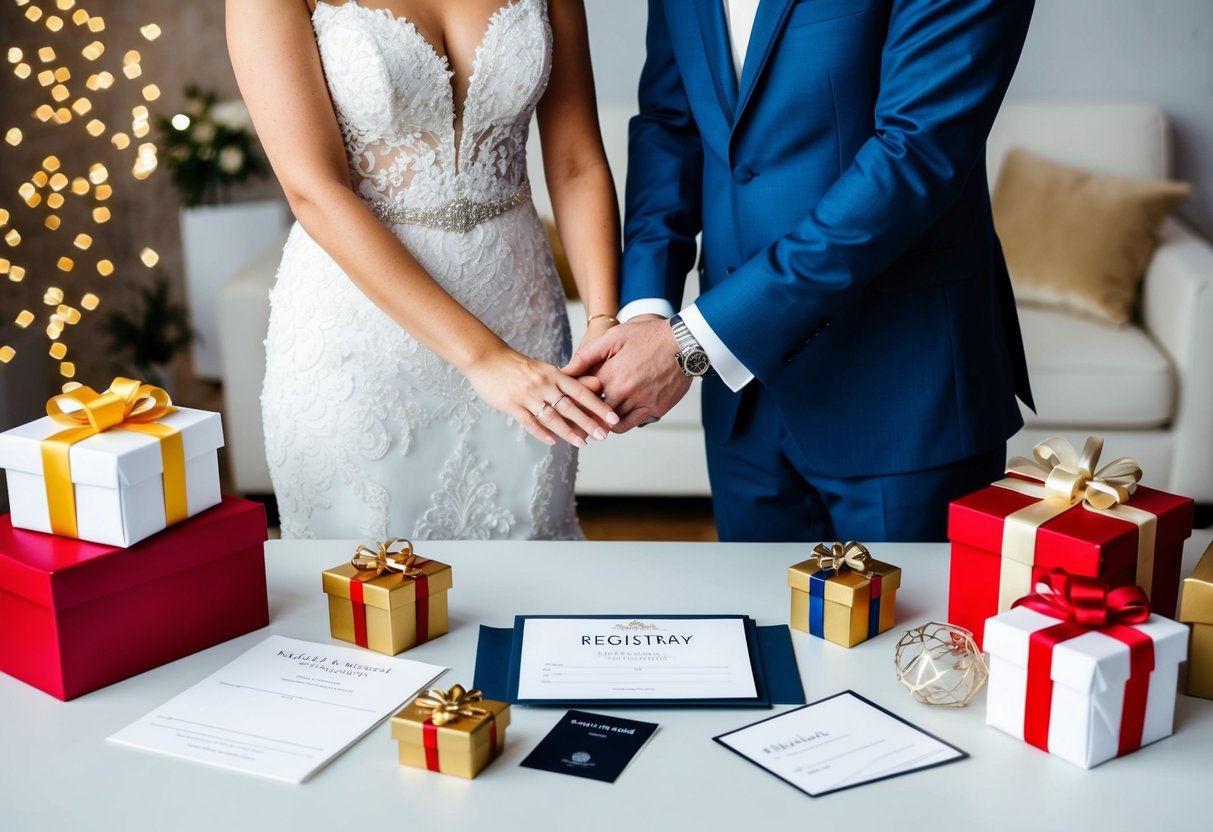 A bride and groom hold hands, surrounded by gifts and a registry card, as they design their wedding invitations