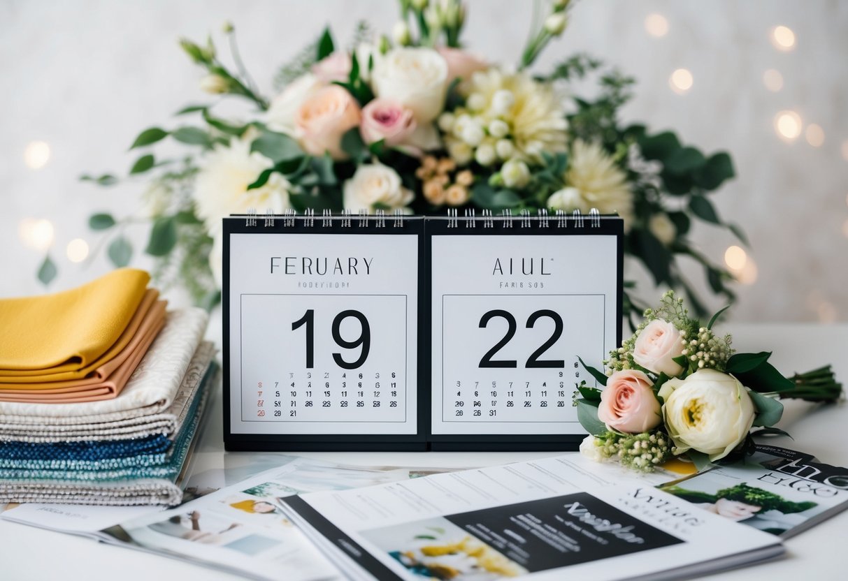 A calendar with two years marked, surrounded by wedding magazines, fabric swatches, and floral arrangements