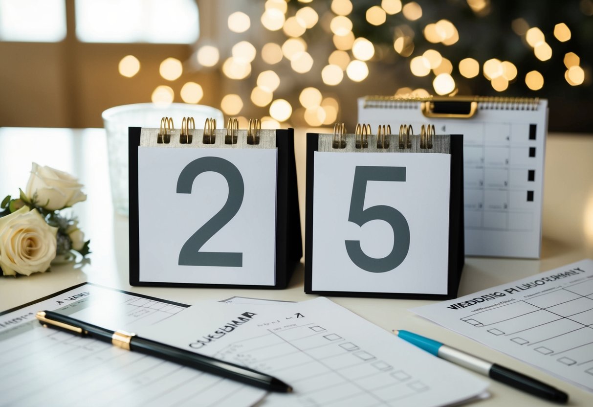 A calendar with two years marked, surrounded by wedding planning materials and a checklist