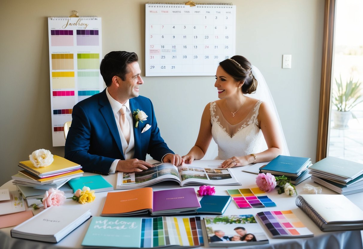 A couple sits at a table covered in wedding magazines and notebooks, surrounded by color swatches and flower samples. A calendar on the wall is marked with deadlines and appointments