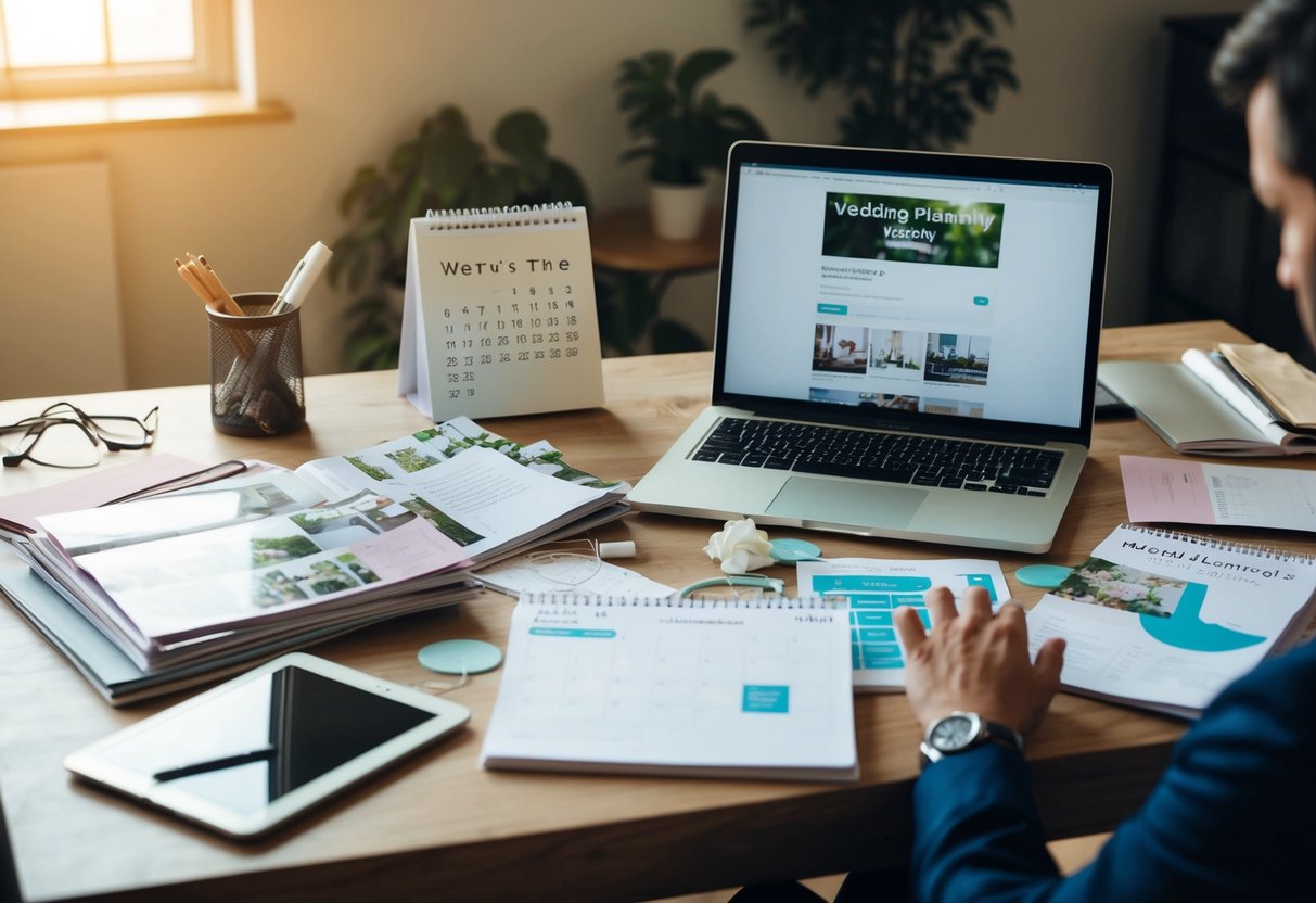 A cluttered desk with wedding magazines, a calendar, and a laptop open to a wedding planning website. A stressed person stares at the screen