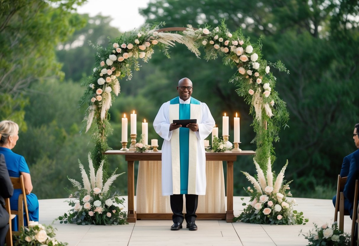 A celebrant stands at an outdoor ceremony space, surrounded by nature and adorned with non-religious symbols such as candles, flowers, and a ceremonial table