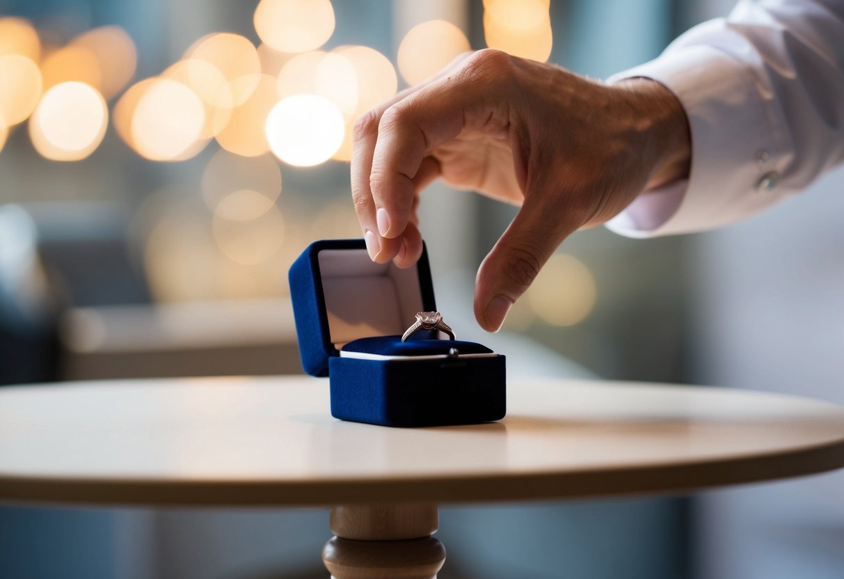 A hand reaching for a wedding ring box on a table