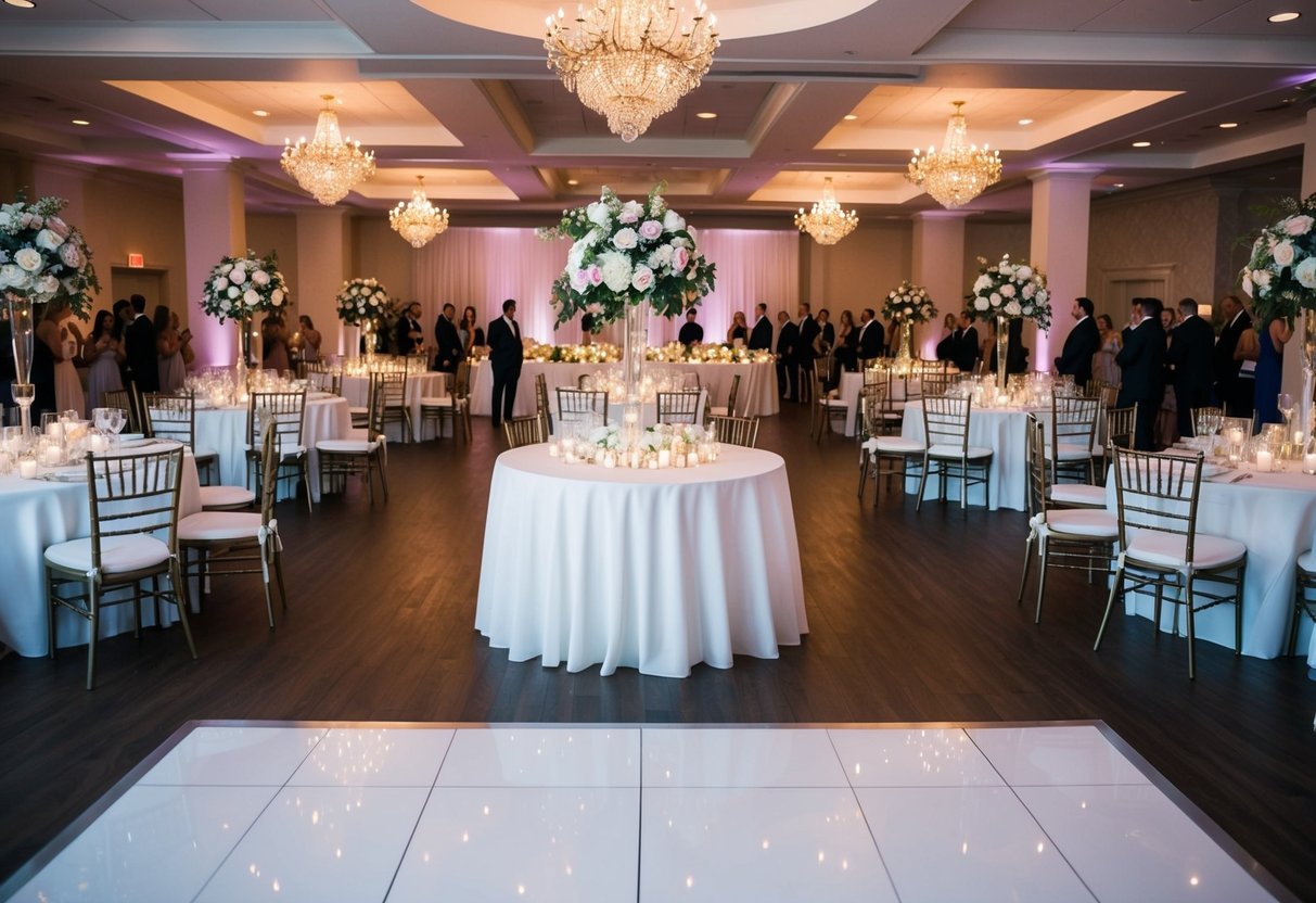 A beautifully decorated wedding reception venue with tables, chairs, and a dance floor, adorned with flowers and twinkling lights, ready for guests to arrive
