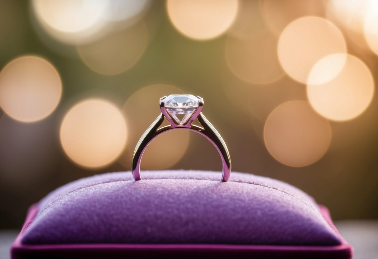 A diamond ring resting on a velvet cushion, bathed in soft light