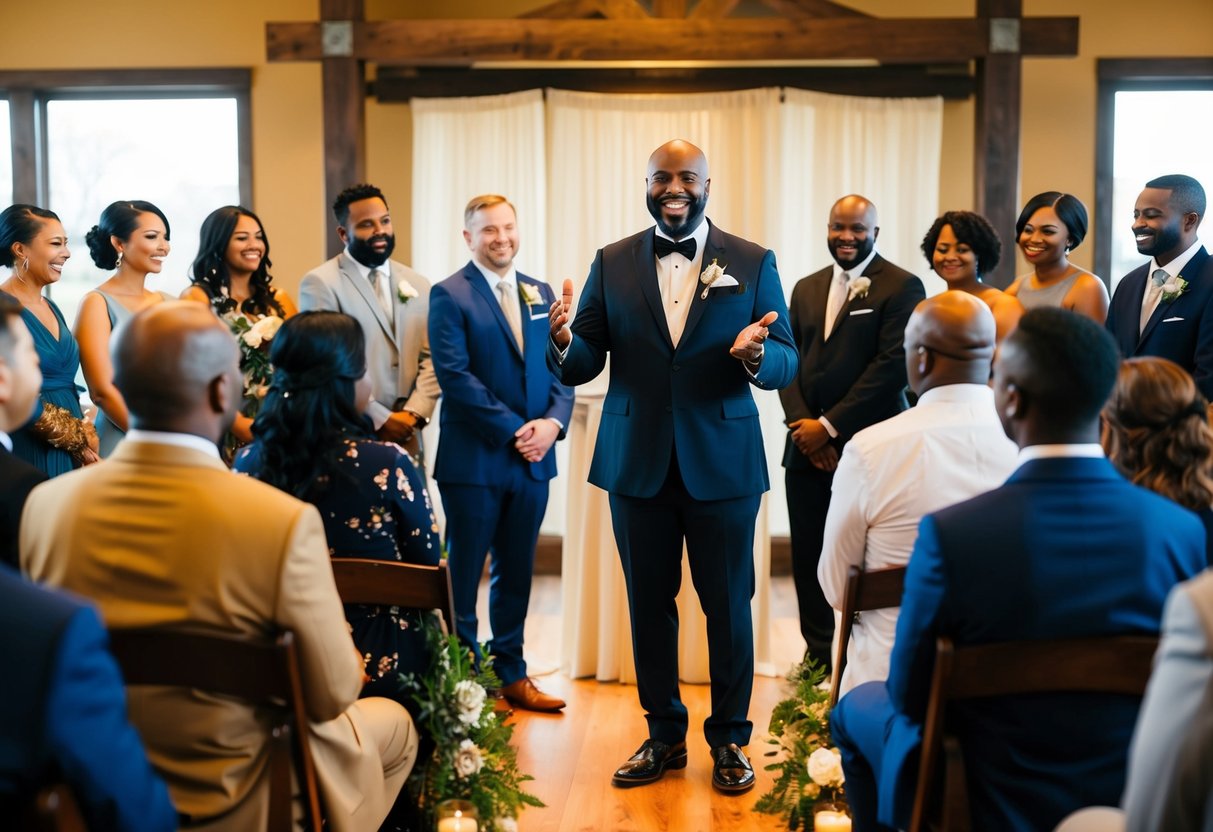 A celebrant stands before a diverse group, incorporating personal touches into a ceremony. The setting is warm and inclusive, with a focus on individuality