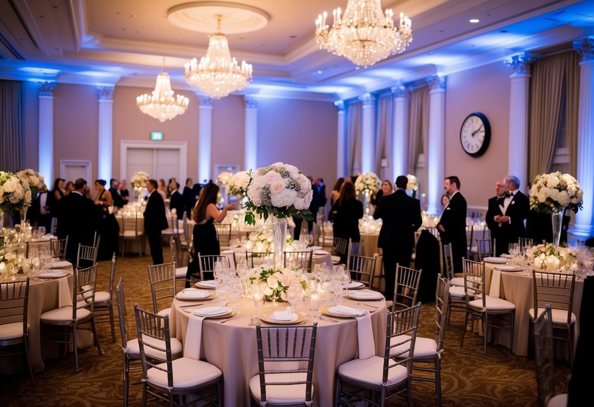 A grand ballroom filled with elegant tables, floral centerpieces, and twinkling lights. A clock on the wall shows the passing of time as guests mingle and enjoy the festivities