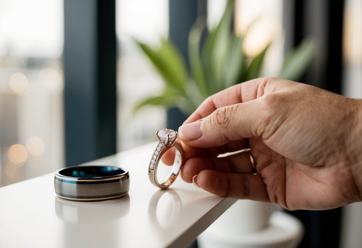 A hand placing an engagement ring on a shelf next to a wedding band