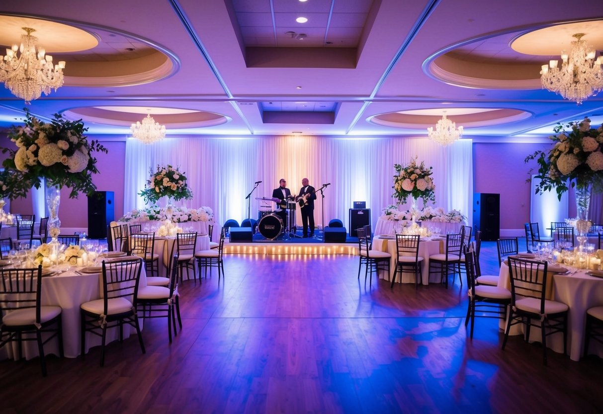 A beautifully decorated wedding reception venue with tables, chairs, and elegant centerpieces. A dance floor with soft lighting and a live band setting up