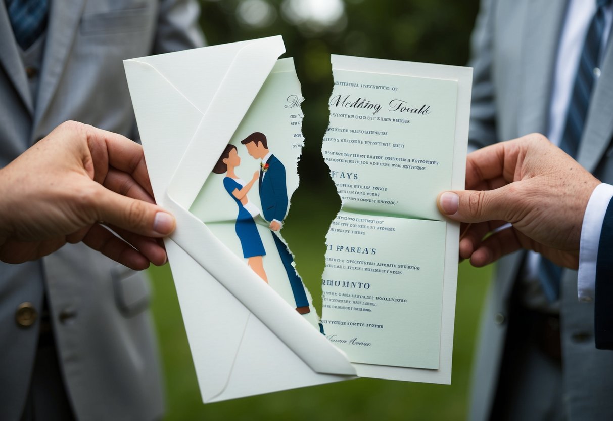 A wedding invitation torn in half, with a conflicted couple on one side and their disappointed parents on the other