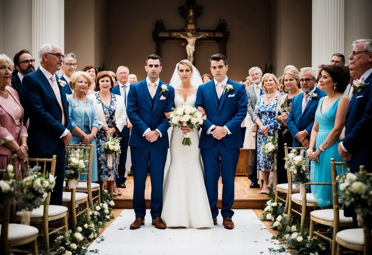 A bride and groom stand at the altar, surrounded by happy guests. The parents are noticeably absent, creating tension and unease in the air
