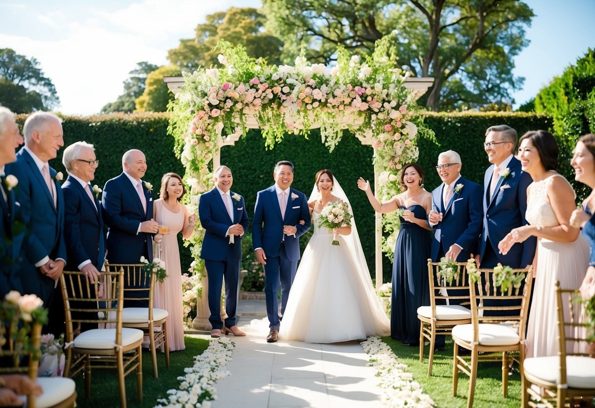 A sunlit garden with blooming flowers and a decorated altar, surrounded by joyful guests in formal attire