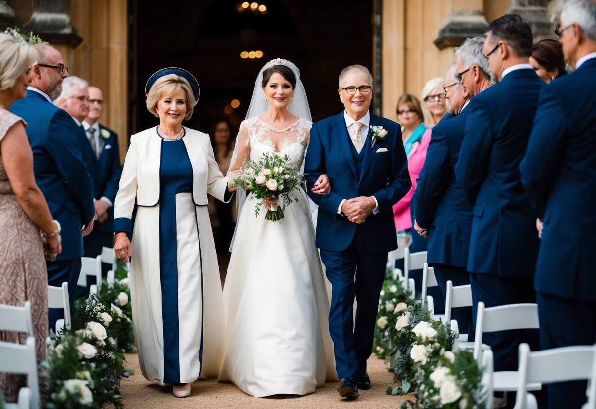 A figure escorts the mother of the bride down the aisle