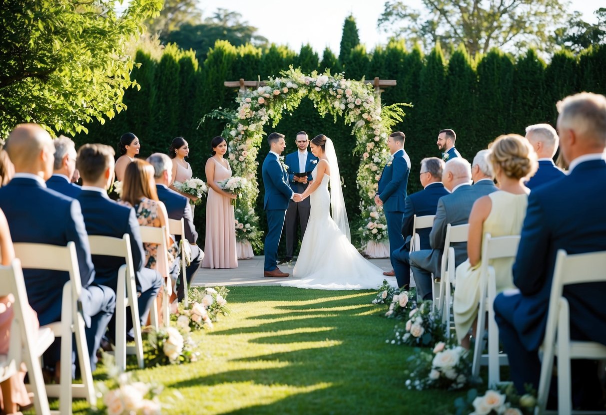 A sunlit garden ceremony with guests seated, a floral arch, and a bride and groom standing at the altar