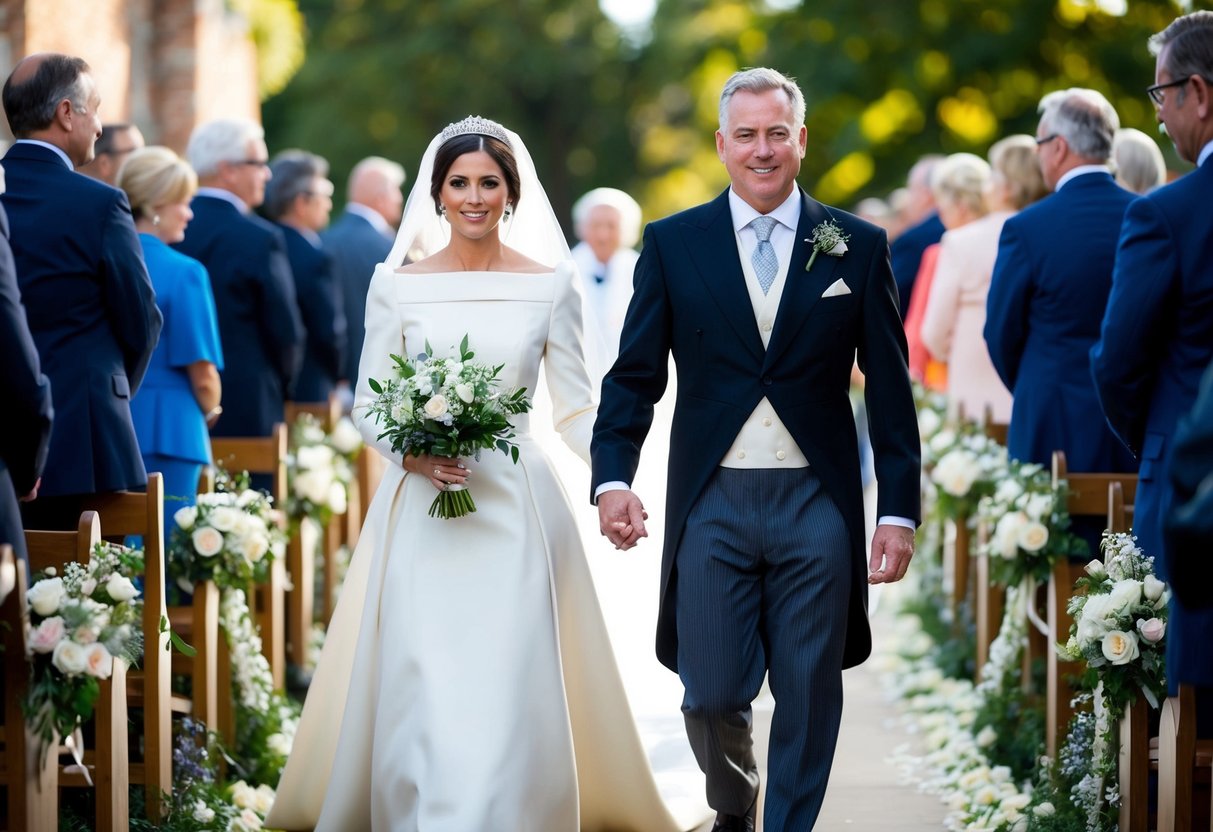 A figure in formal attire leads another figure in ceremonial dress down a flower-lined aisle