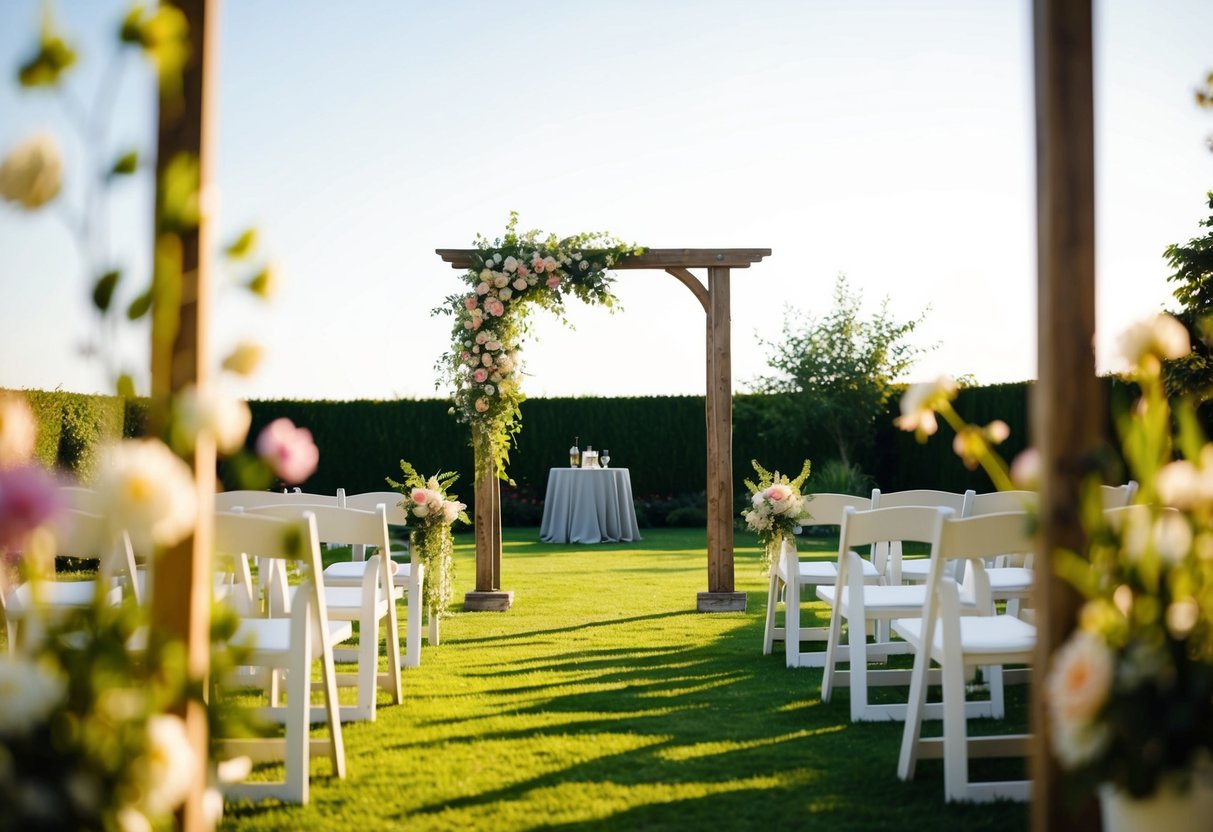 A sunlit garden with a rustic arch and blooming flowers, set for a wedding at 3pm