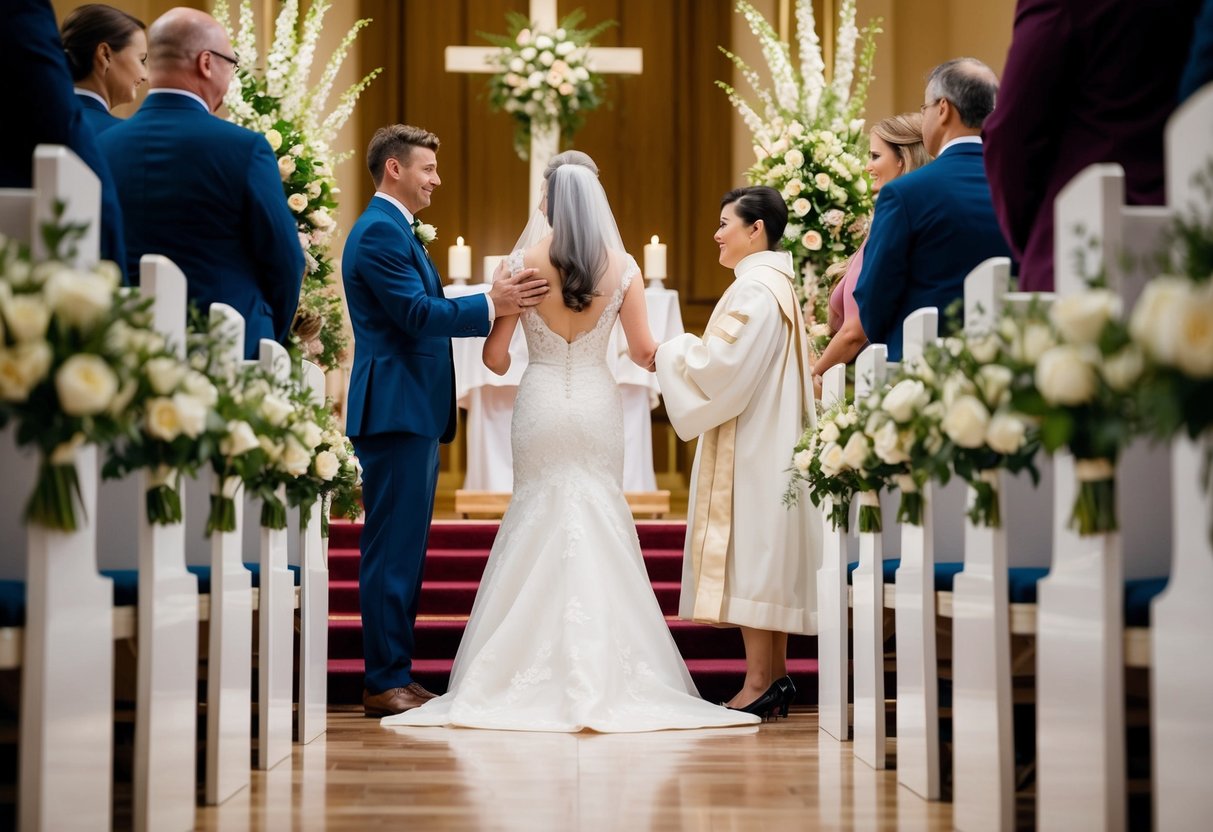 A figure stands at the start of an aisle, offering support to another figure as they walk towards the altar. The setting is elegant and ceremonial, with flowers and decorative elements framing the scene