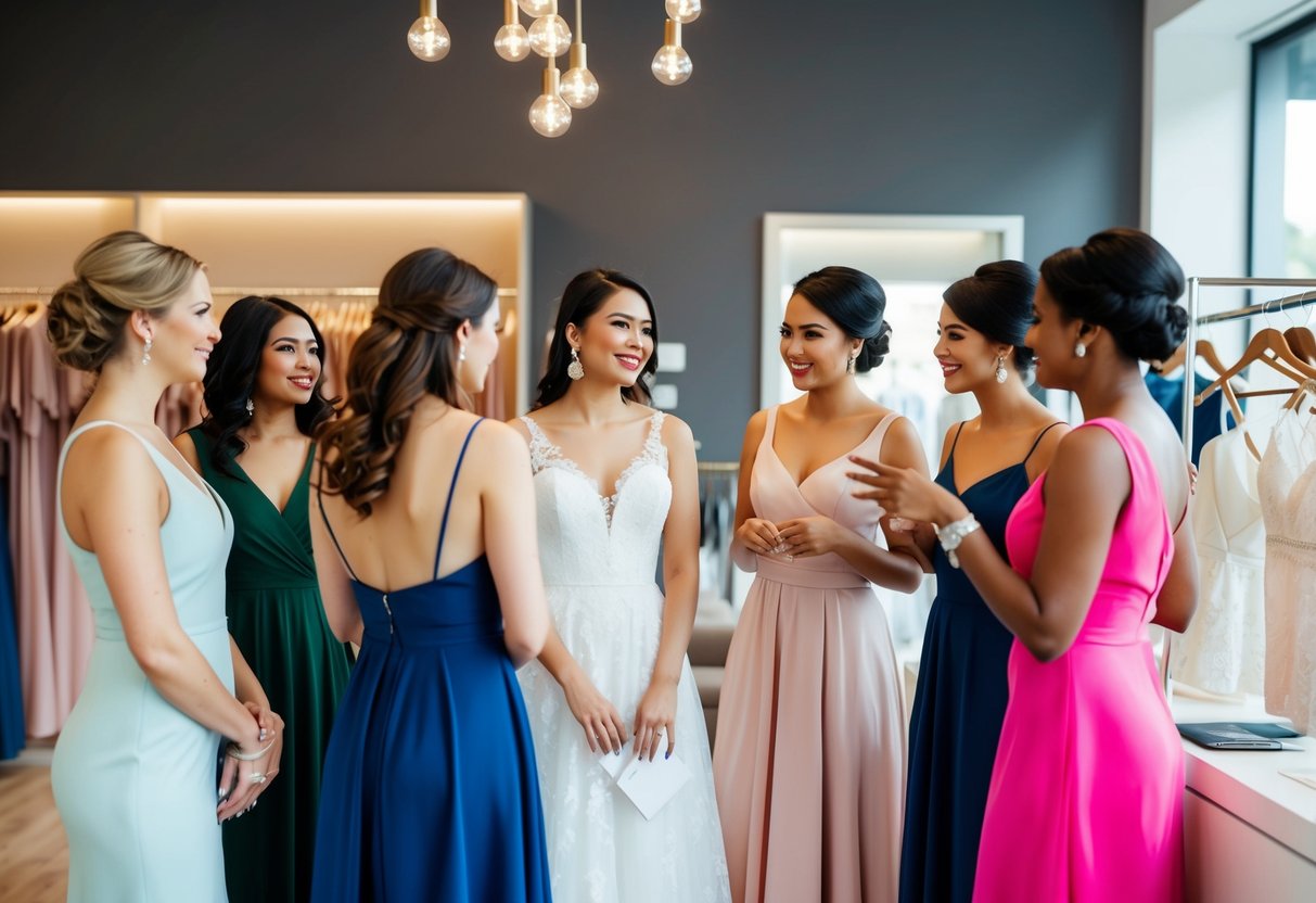 A group of women try on different bridesmaid dresses in a boutique, discussing the price and style options