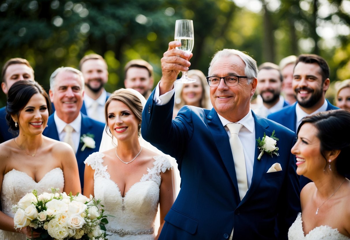Father of bride raises glass, surrounded by smiling guests, while bride and groom look on fondly
