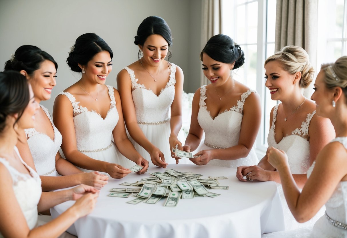 A group of bridesmaids gather around a table, discussing dress options and exchanging money. The bride sits nearby, smiling and nodding in approval