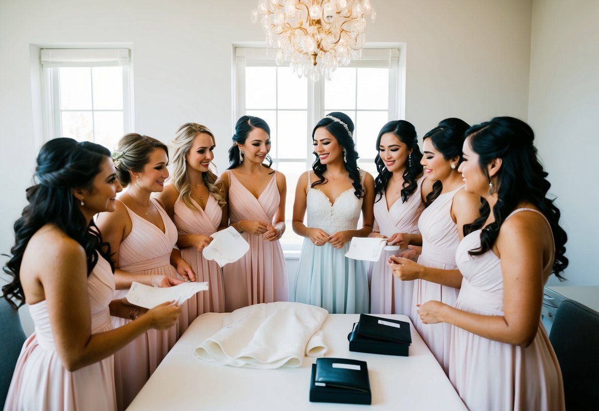 A group of bridesmaids gather around a table, each holding a dress and discussing payment with the bride