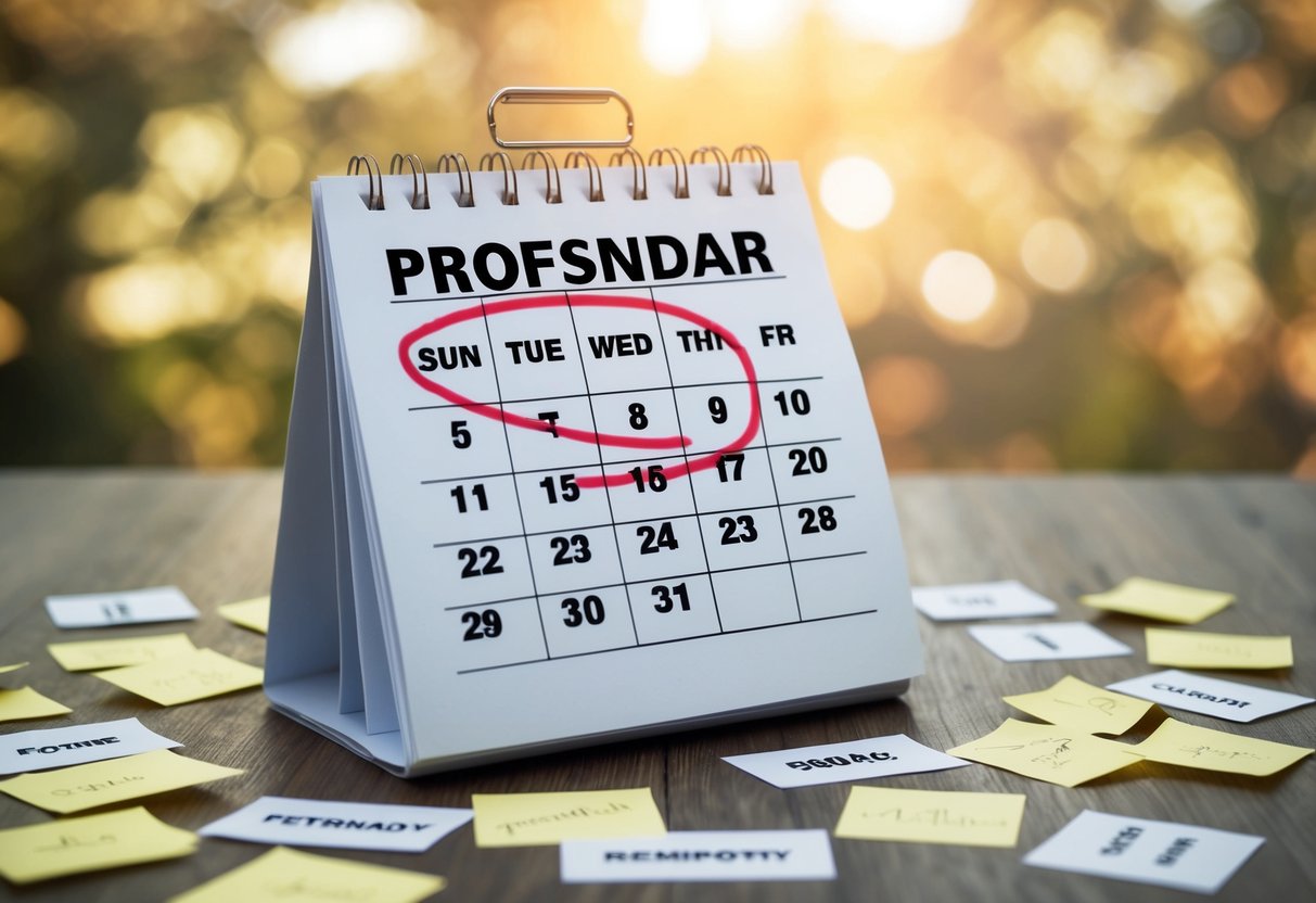 A calendar with the date of the event circled, surrounded by scattered reminders and a sense of urgency