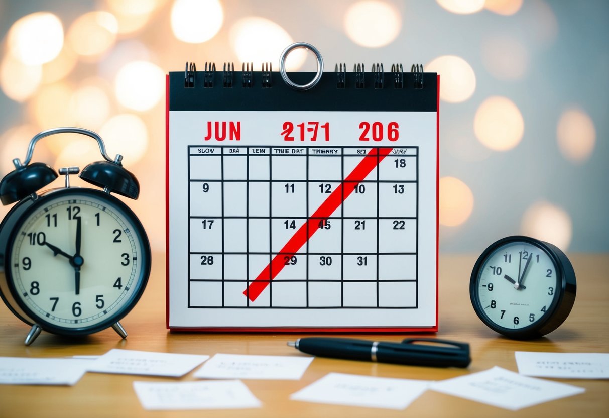 A calendar with the date crossed out and a new date circled in red marker, surrounded by scattered reminder notes and a clock showing the current time