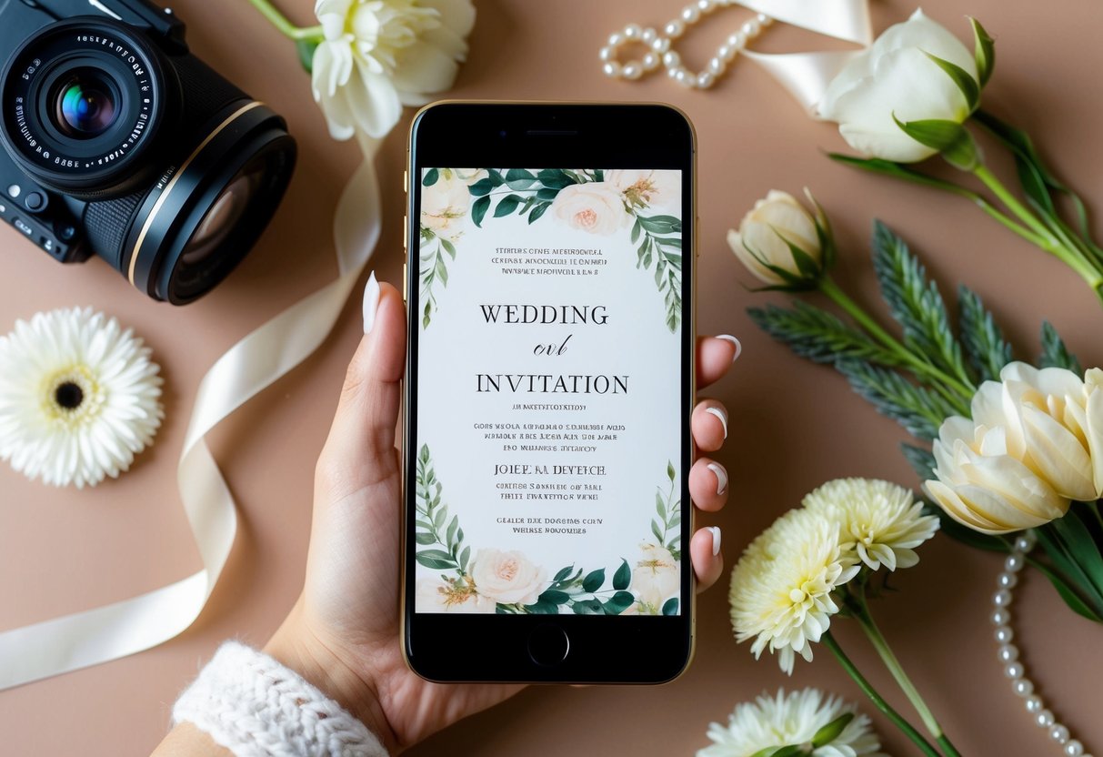 A smartphone displaying a wedding invitation on the screen, surrounded by decorative elements such as flowers and ribbons