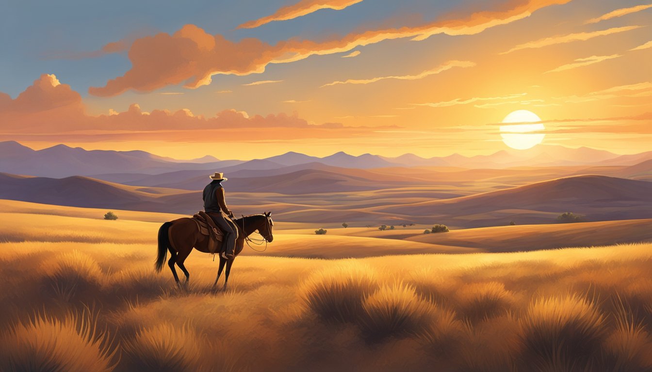 A lone cowboy rides through a vast, open landscape with rolling hills and a big sky. The sun sets in the background, casting a warm, golden glow over the scene