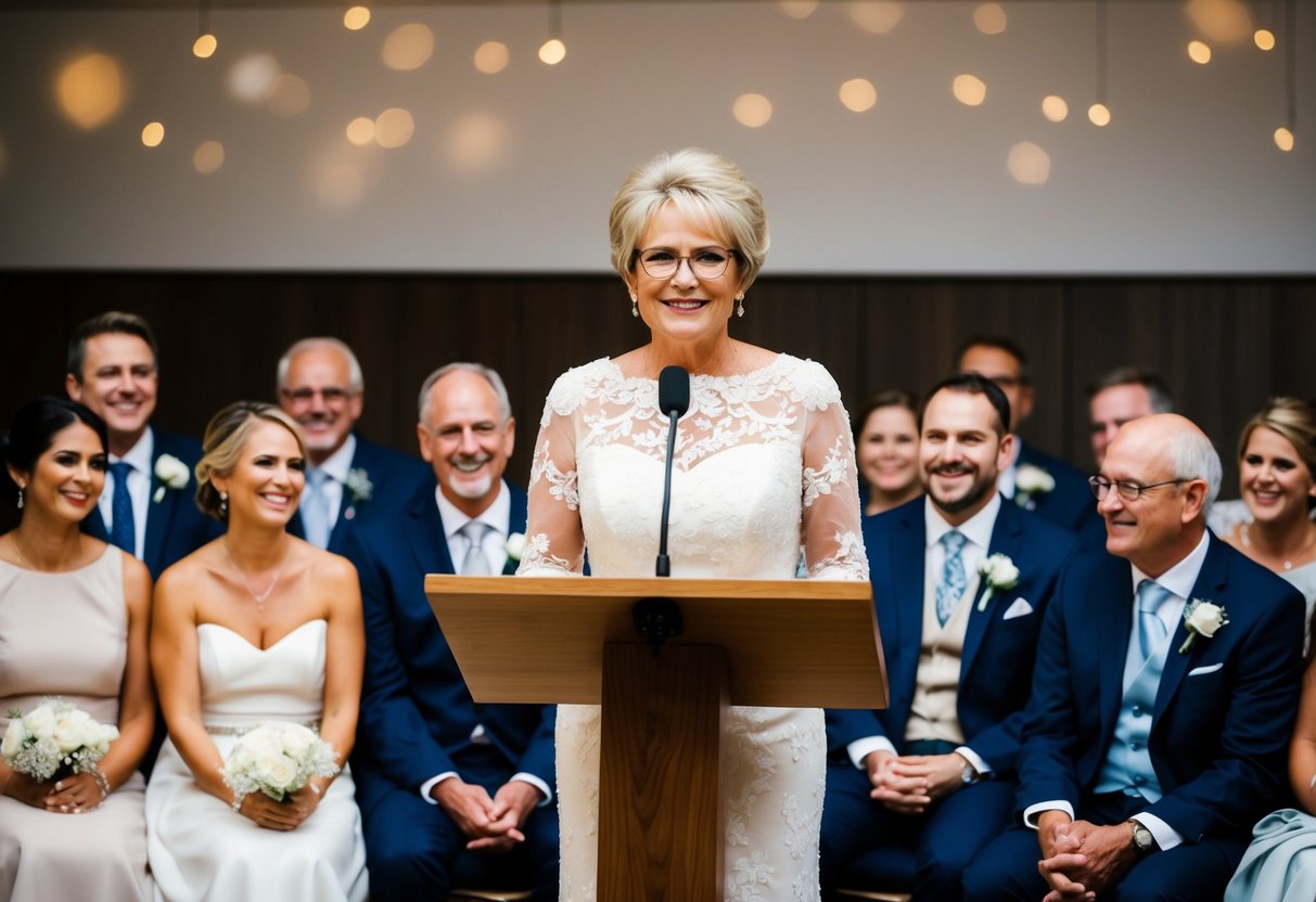 The mother of the bride stands at the podium, surrounded by smiling guests, as she delivers her heartfelt speech