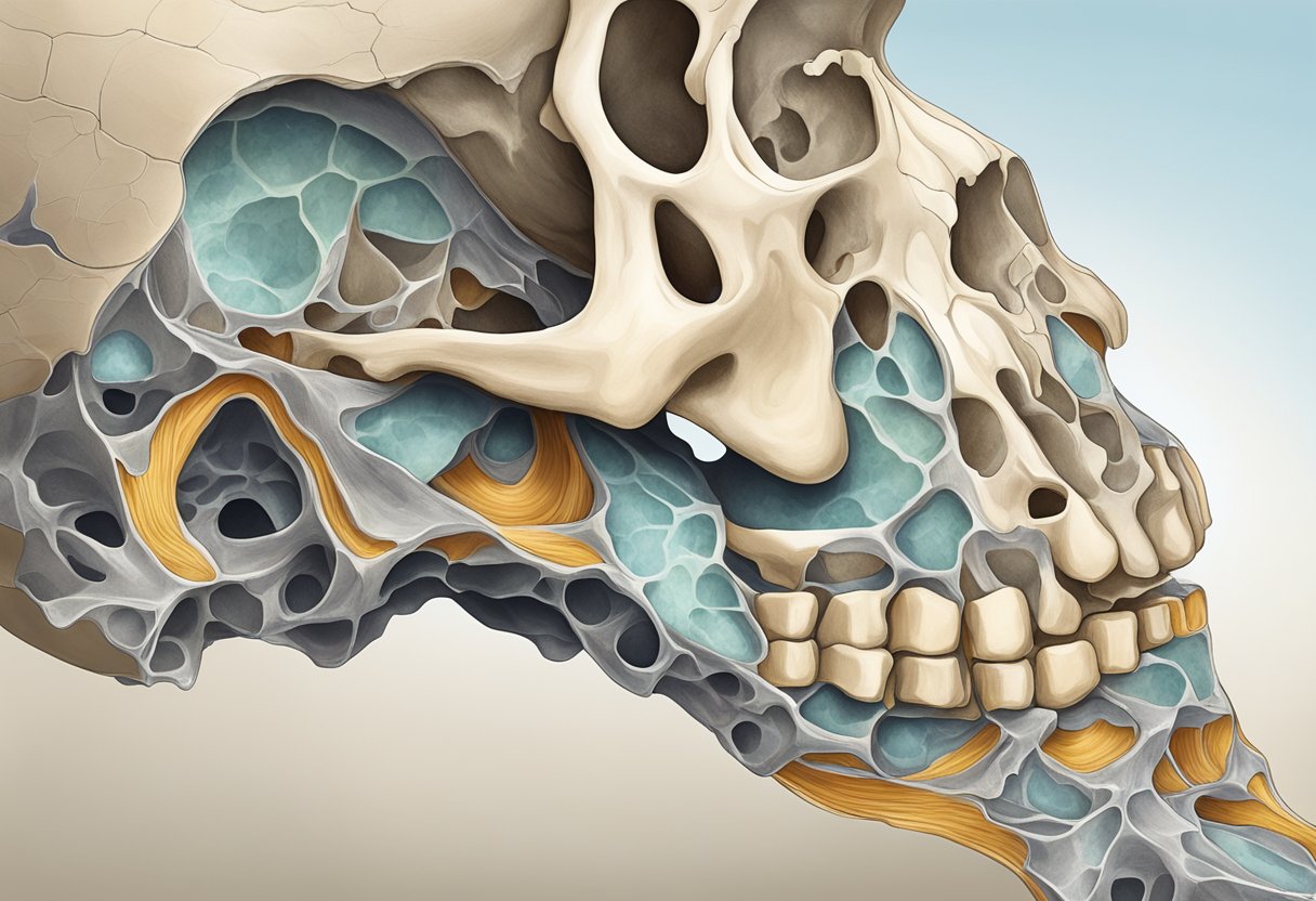 Un os fragile et fissuré entouré de tissu affaibli et poreux