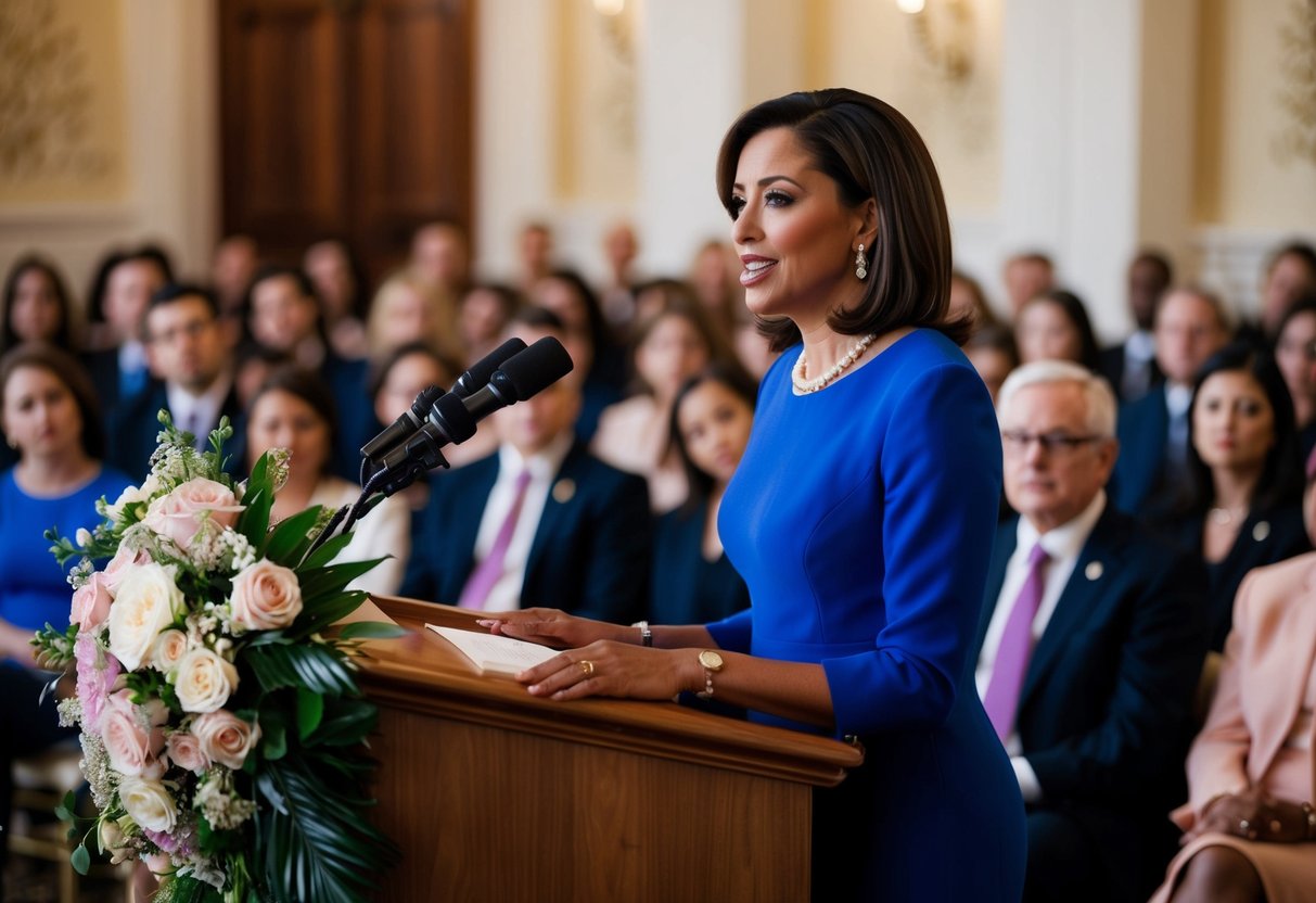 A woman stands at a podium, surrounded by floral decor. The audience listens attentively as she delivers a speech. The timing and etiquette of her words are carefully considered