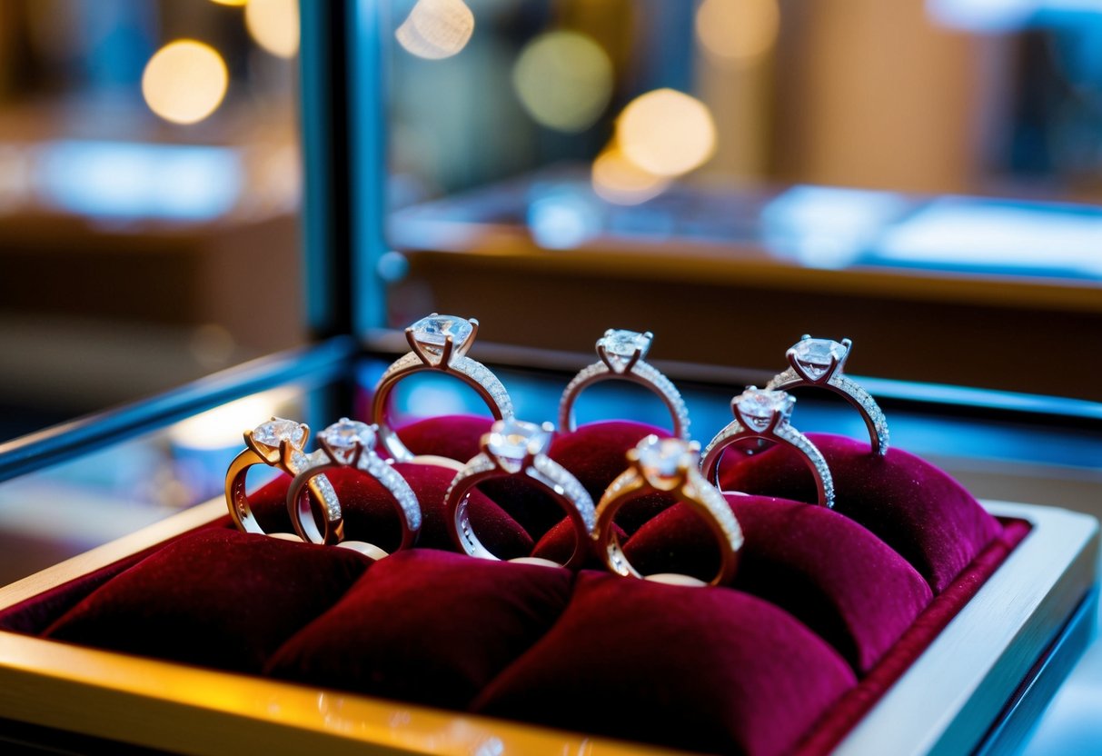 A jeweler's display of sparkling engagement rings, each delicately placed on a velvet cushion within a glass case