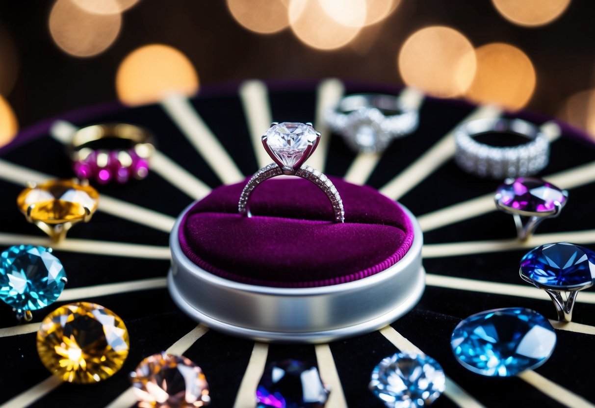 A sparkling diamond ring displayed on a velvet cushion, surrounded by various other unique and colorful gemstone rings