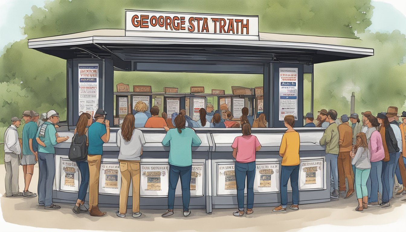 Crowds of people gather around a ticket booth, eagerly waiting to purchase tickets for the George Strait concert in 2024. The booth is adorned with posters and banners promoting the event