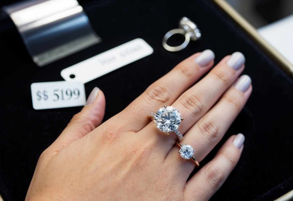 A jeweler's hand holds a sparkling diamond ring against a black velvet background, with a price tag displayed nearby