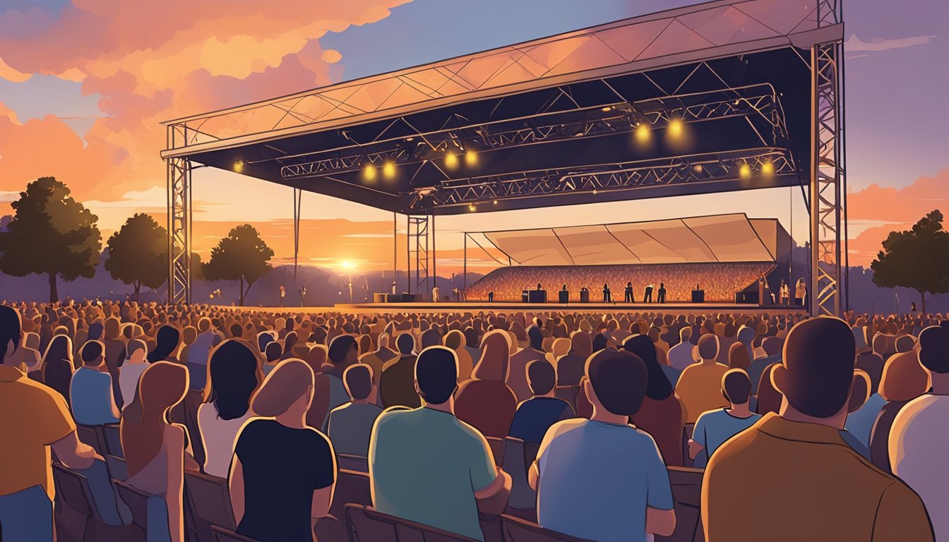 A crowd of fans gathers at an outdoor concert venue, with a stage set up for a George Strait performance in 2024. The sun is setting, casting a warm glow over the excited audience