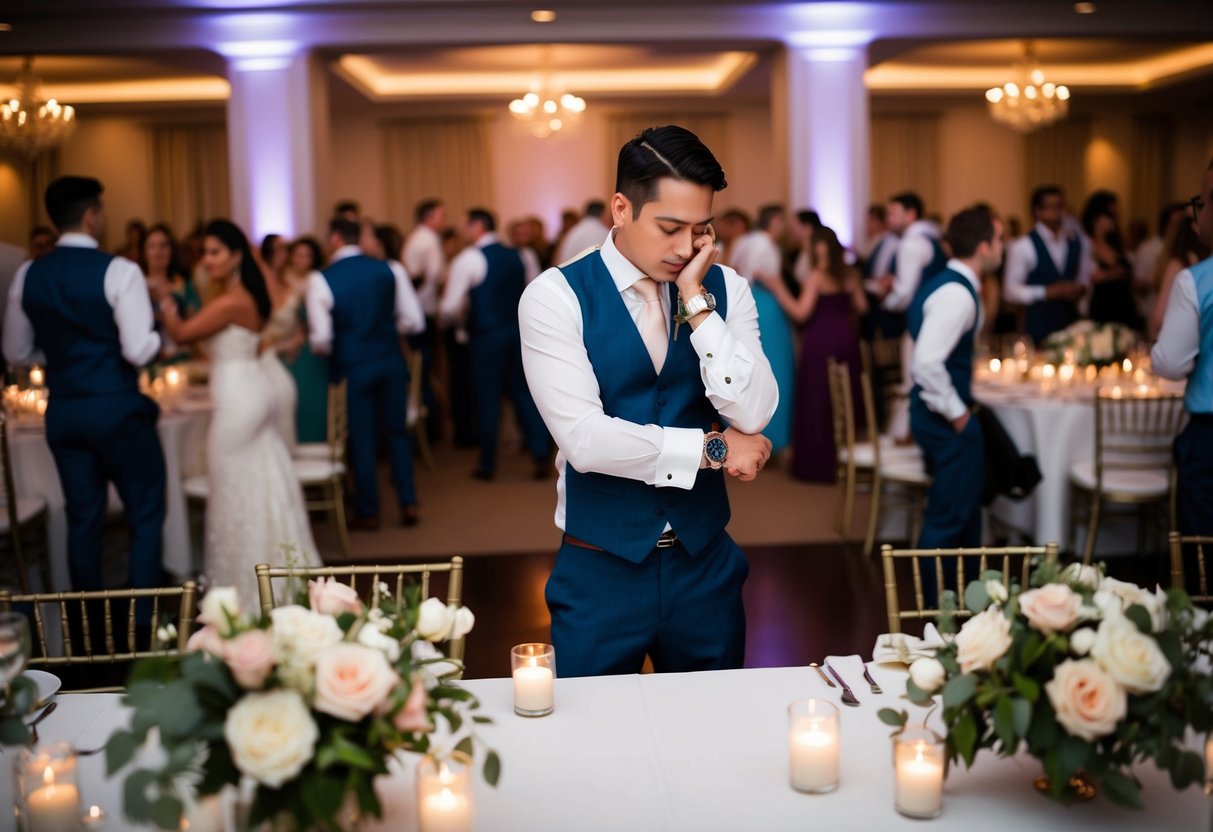 A person standing at the edge of a crowded wedding reception, glancing at their watch with a conflicted expression. Tables are adorned with flowers and candles, and a dance floor is visible in the background