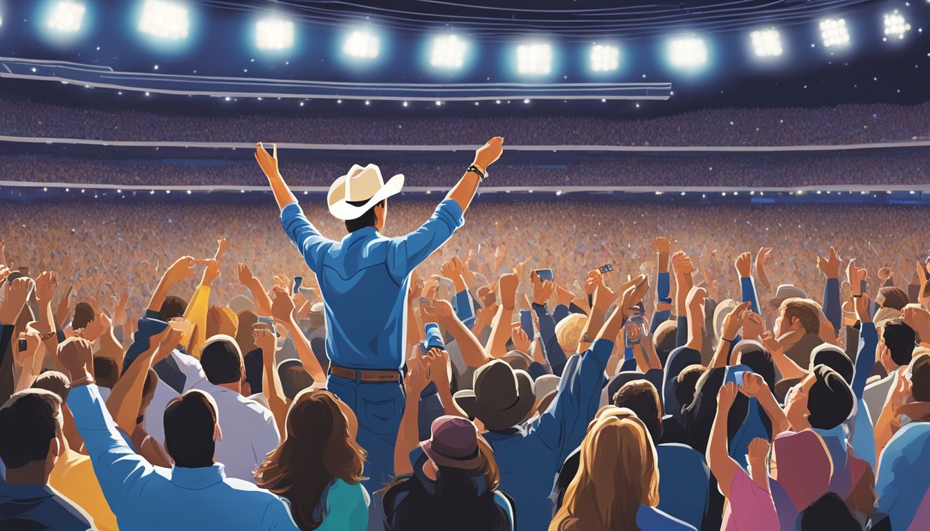 The crowd cheers as George Strait performs on stage, while fans sway to the music and raise their lighters in the air