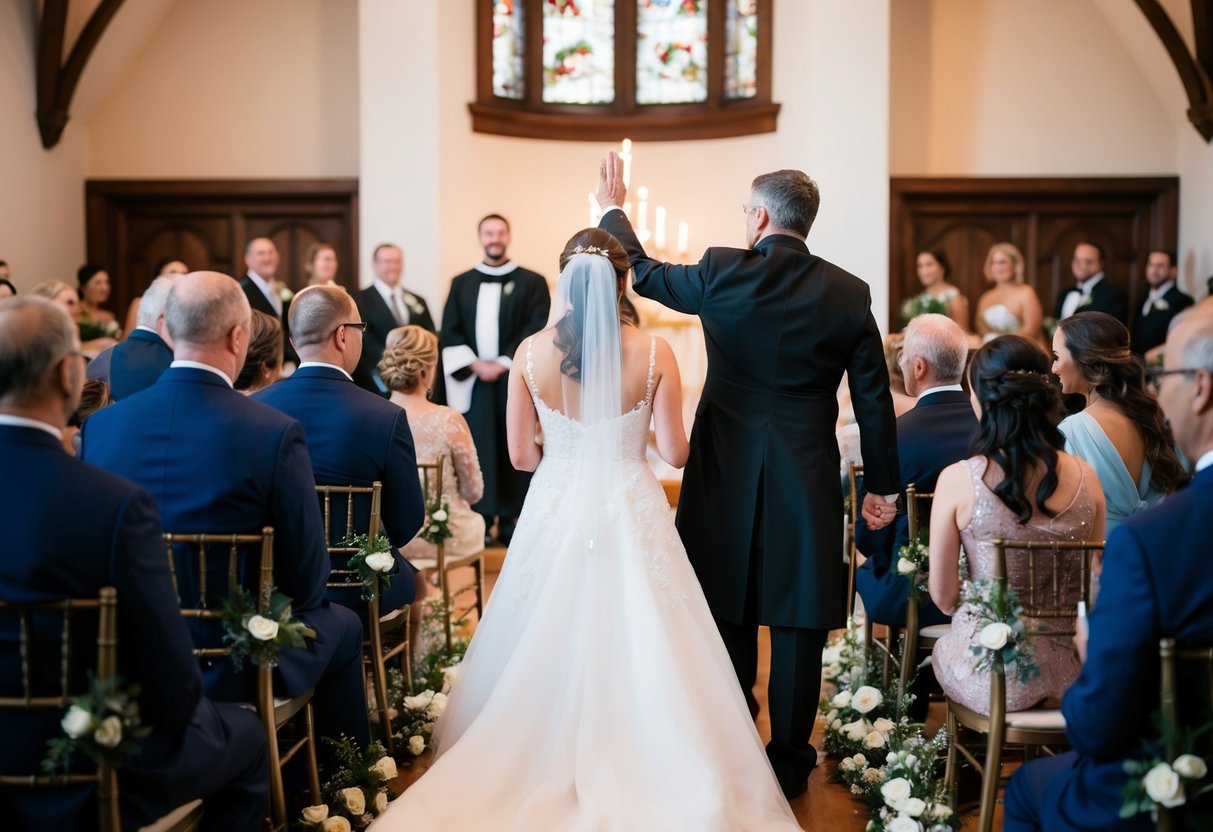 The officiant gestures for everyone to rise as the bride approaches